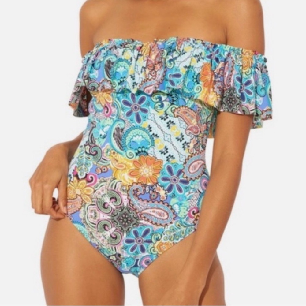 Bleu Rod Beattie Let Loose Turquoise Multi Paisley Ruffle One-Piece SZ 12 - Picture 2 of 12